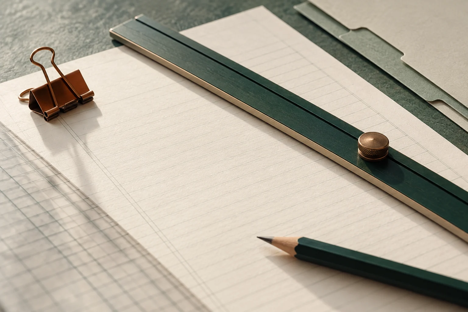 A copper clip and movable straightedge on blank ruled paper