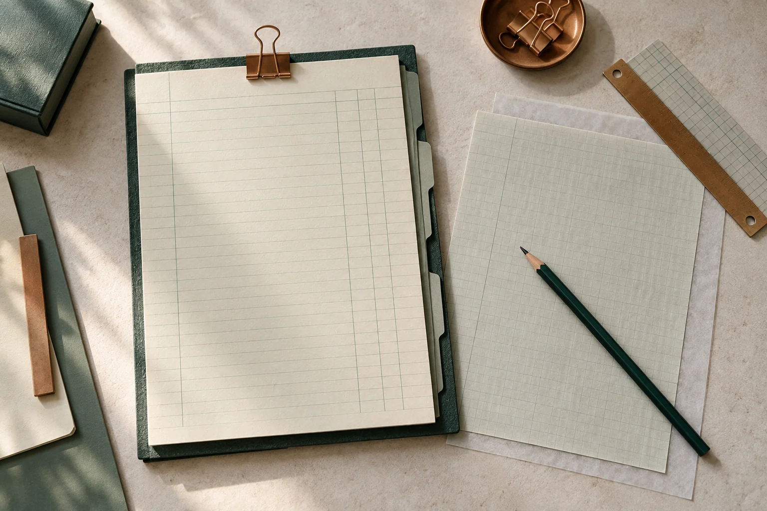 A blank archival page clipped beside a separate unmarked draft sheet
