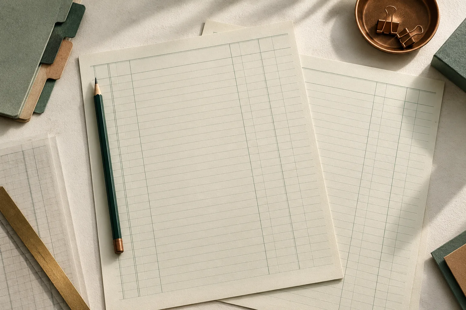 Blank ruled ledger sheets with a dark green pencil