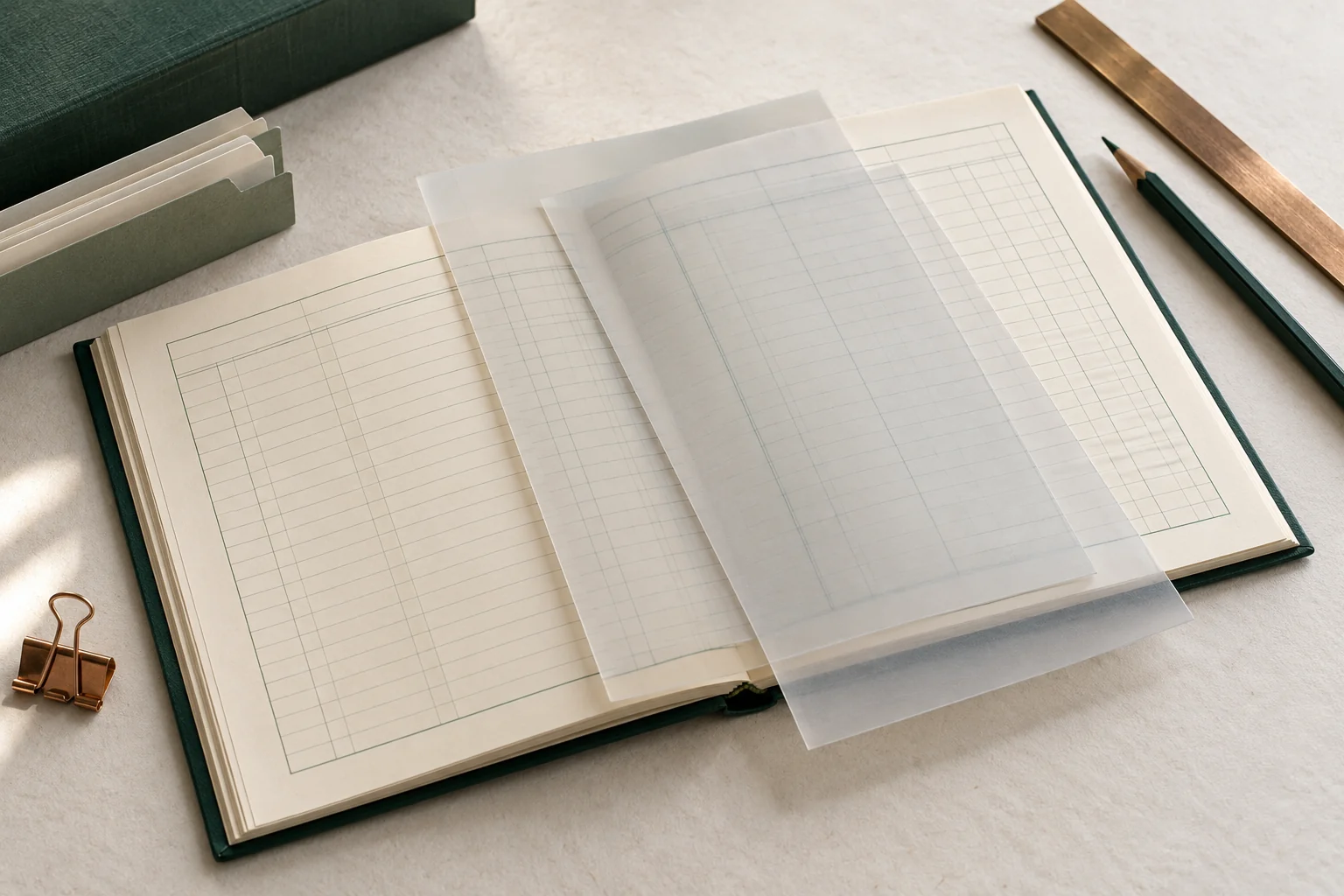 Two translucent blank overlays on an empty accounting sheet