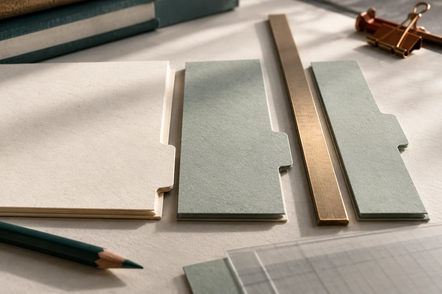 Unmarked ledger dividers separated by a straightedge